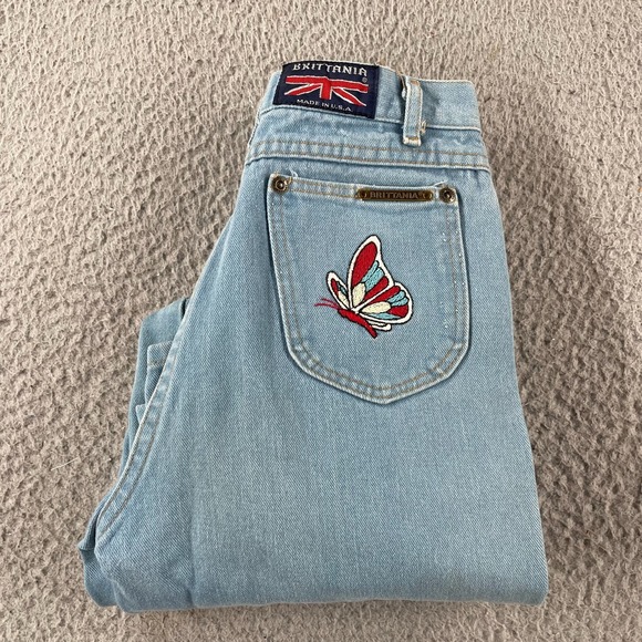 brittania Denim - Vintage 70s Brittania High Rise Jeans Size 14 Slim Butterfly Embroidered Pocket